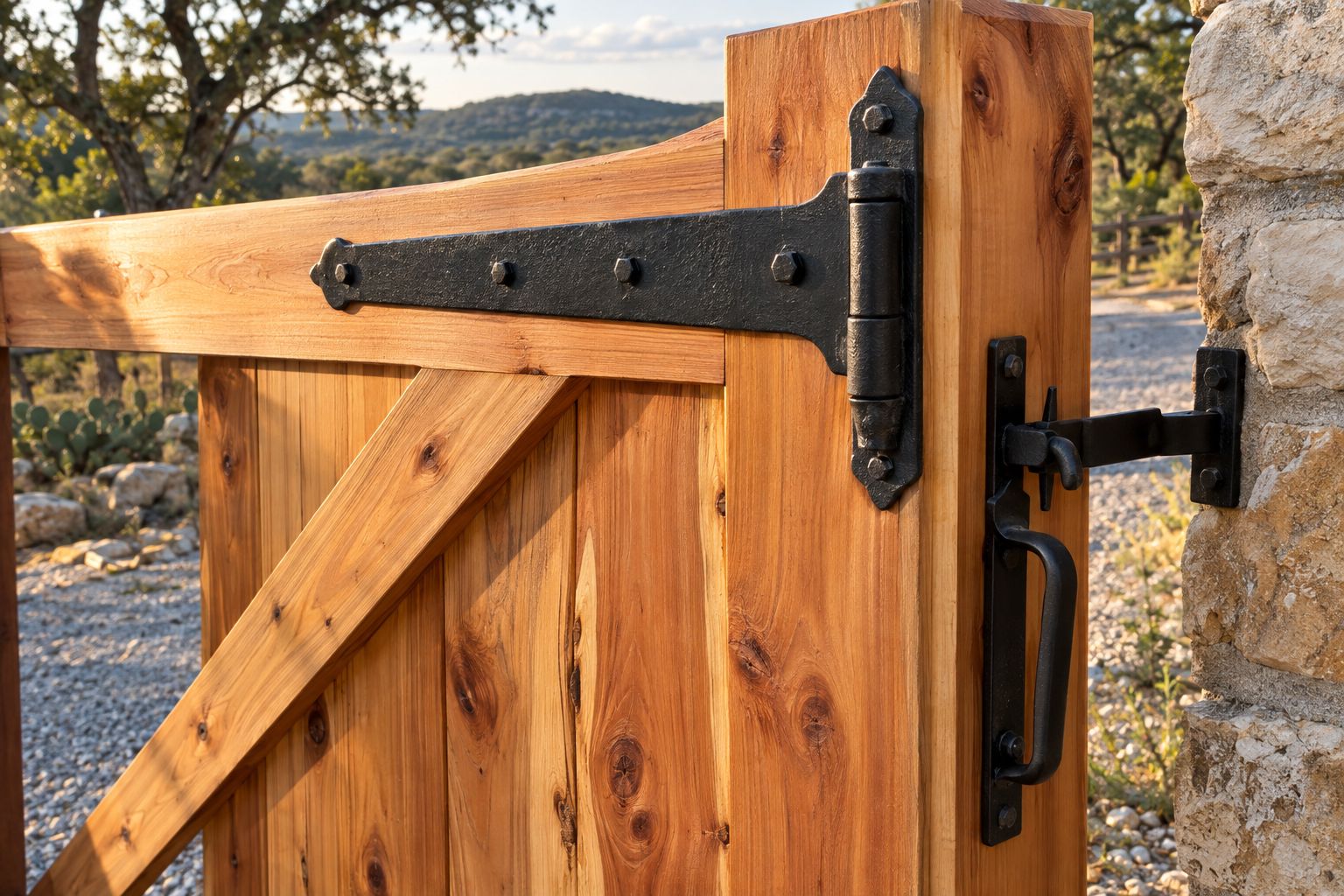 Handmade cedar gate with black steel hardware