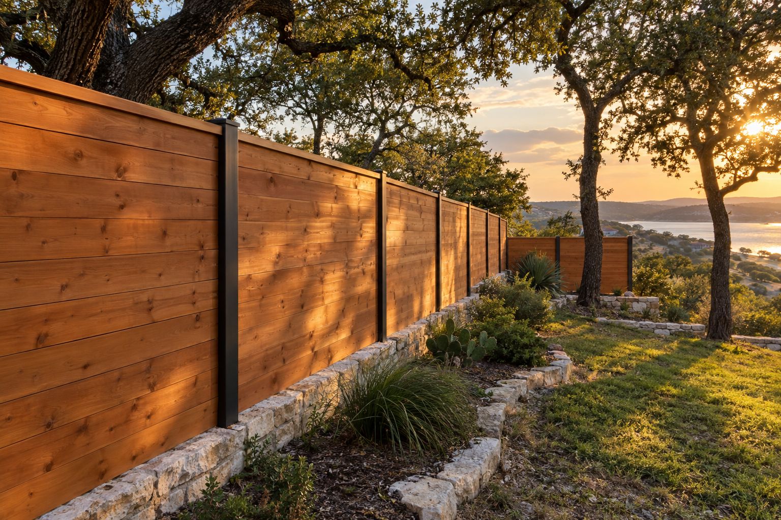 New cedar privacy fence along a Hill Country backyard with live oaks