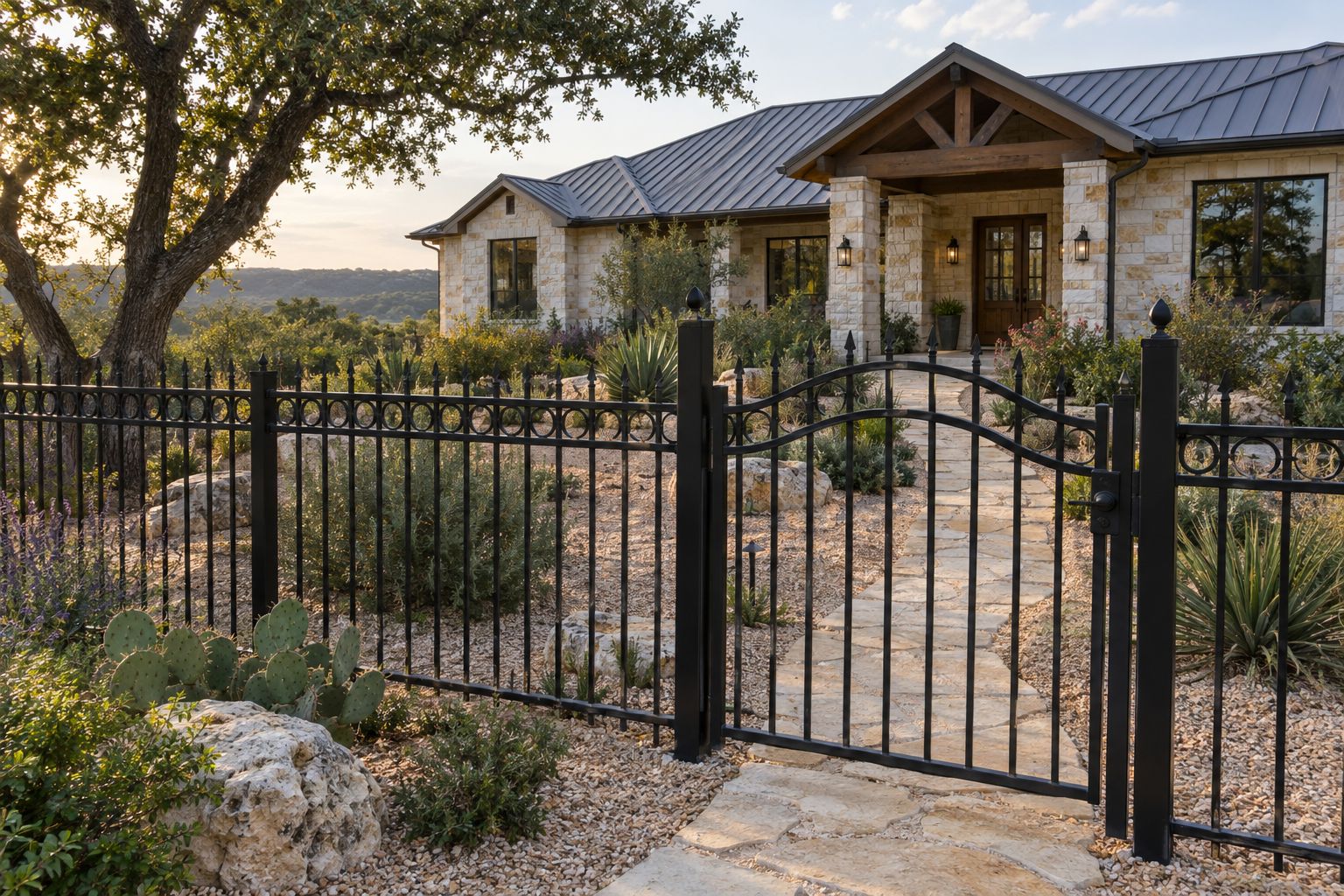 Black ornamental steel fence in front of a limestone home